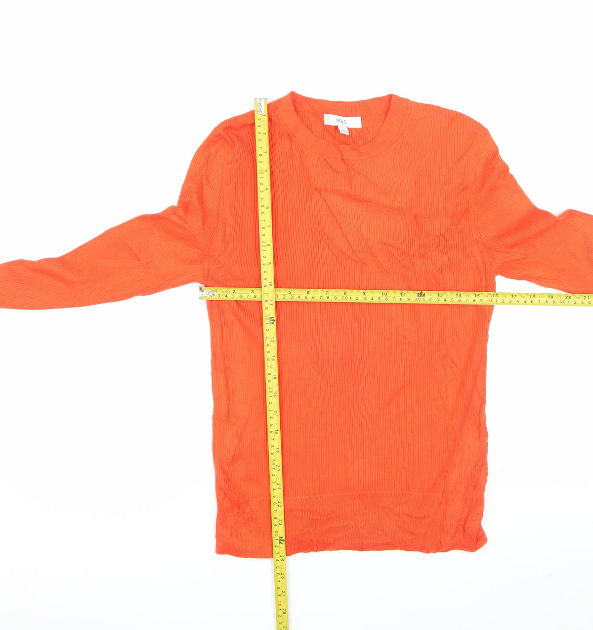 Marks and Spencer Women Orange Size 12 Rib Knit Crew Neck Jumper Button Cuffs