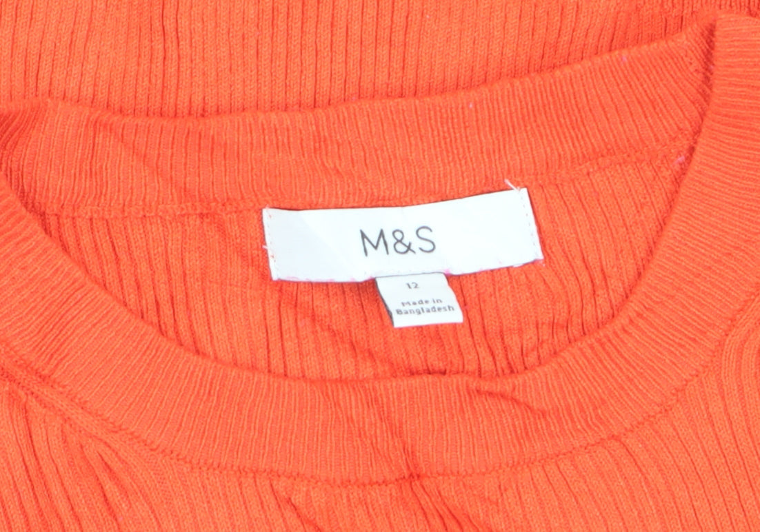 Marks and Spencer Women Orange Size 12 Rib Knit Crew Neck Jumper Button Cuffs