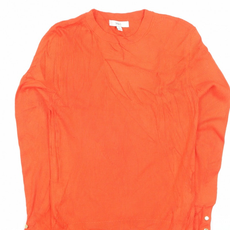 Marks and Spencer Women Orange Size 12 Rib Knit Crew Neck Jumper Button Cuffs