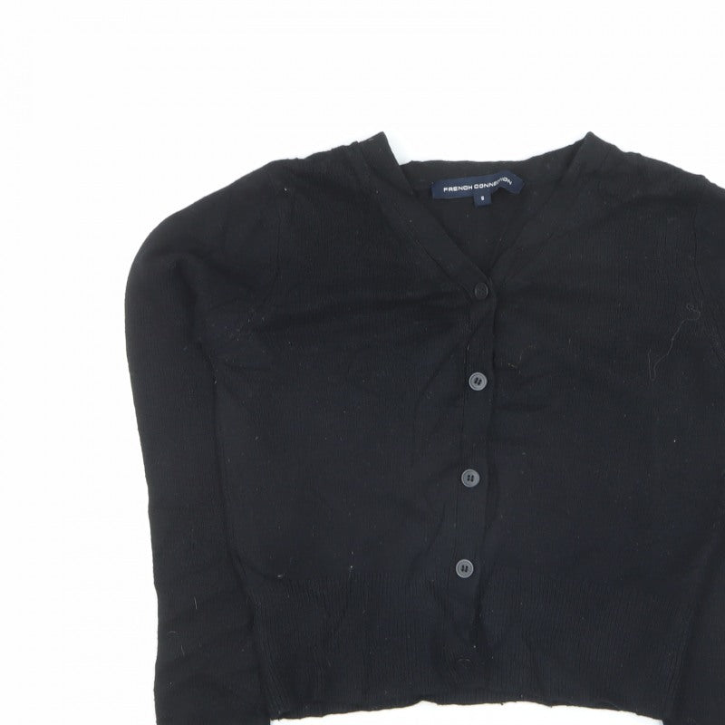 French Connection Women Black S V-Neck Button Knit Cardigan