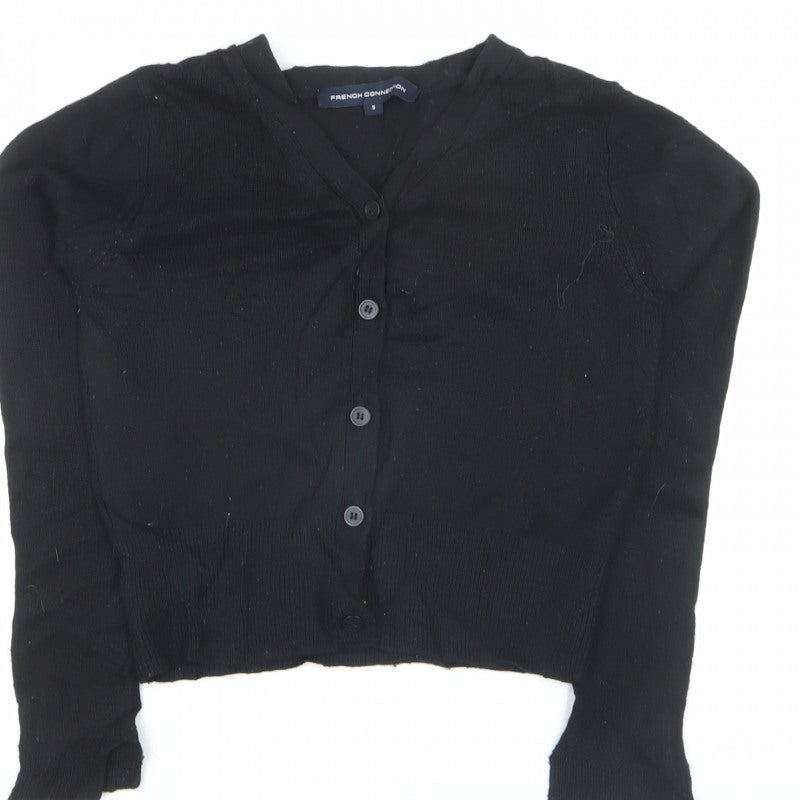 French Connection Women Black S V-Neck Button Knit Cardigan