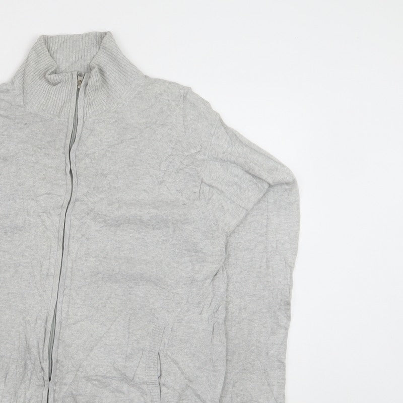 Refectory Men's Grey Medium Full Zip Cotton Knit High Neck Jumper Cardigan