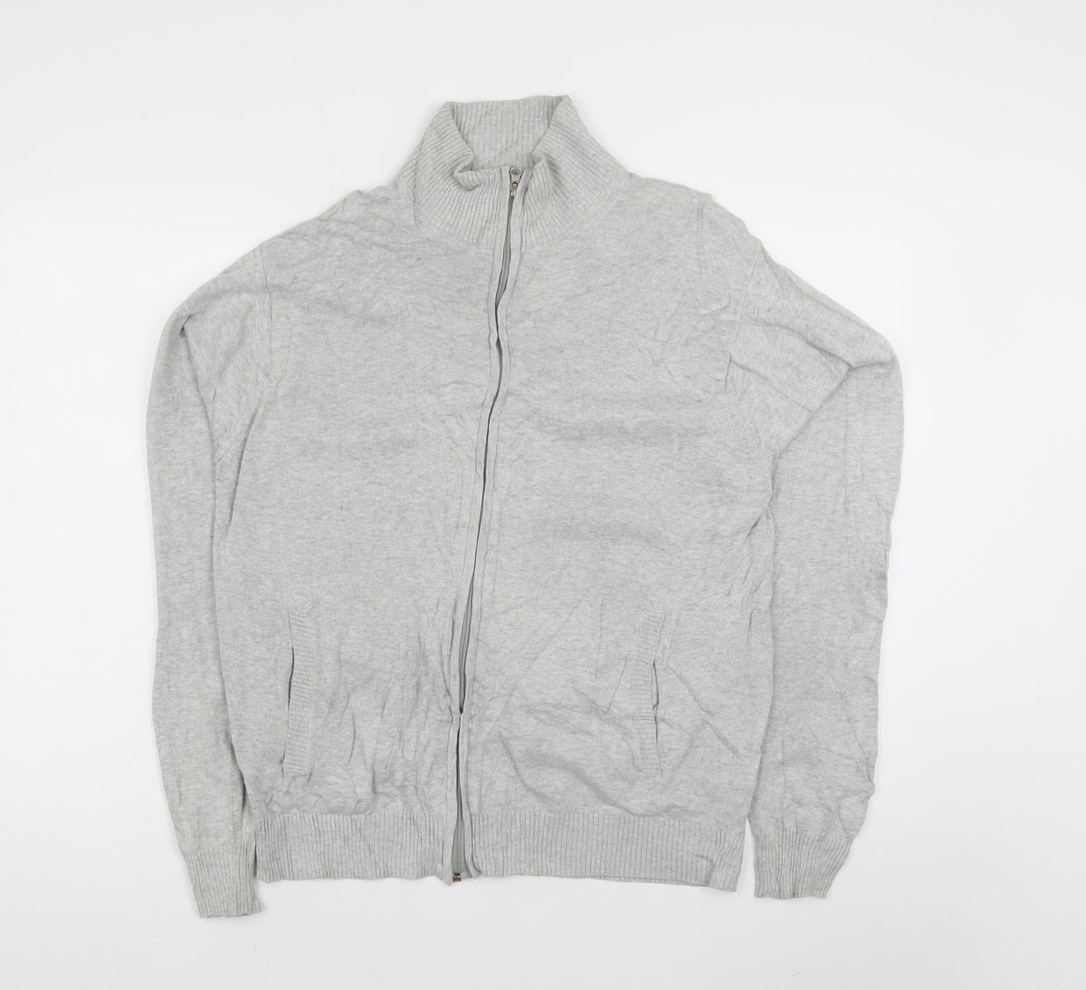 Refectory Men's Grey Medium Full Zip Cotton Knit High Neck Jumper Cardigan