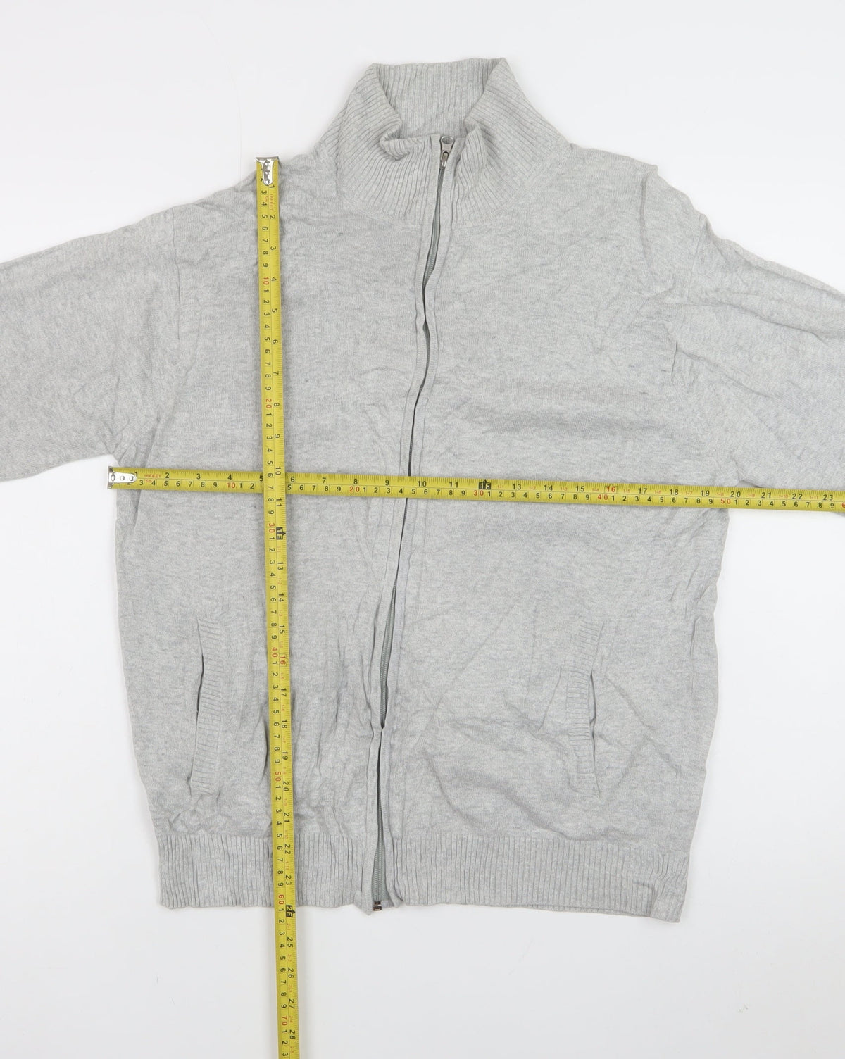 Refectory Men's Grey Medium Full Zip Cotton Knit High Neck Jumper Cardigan