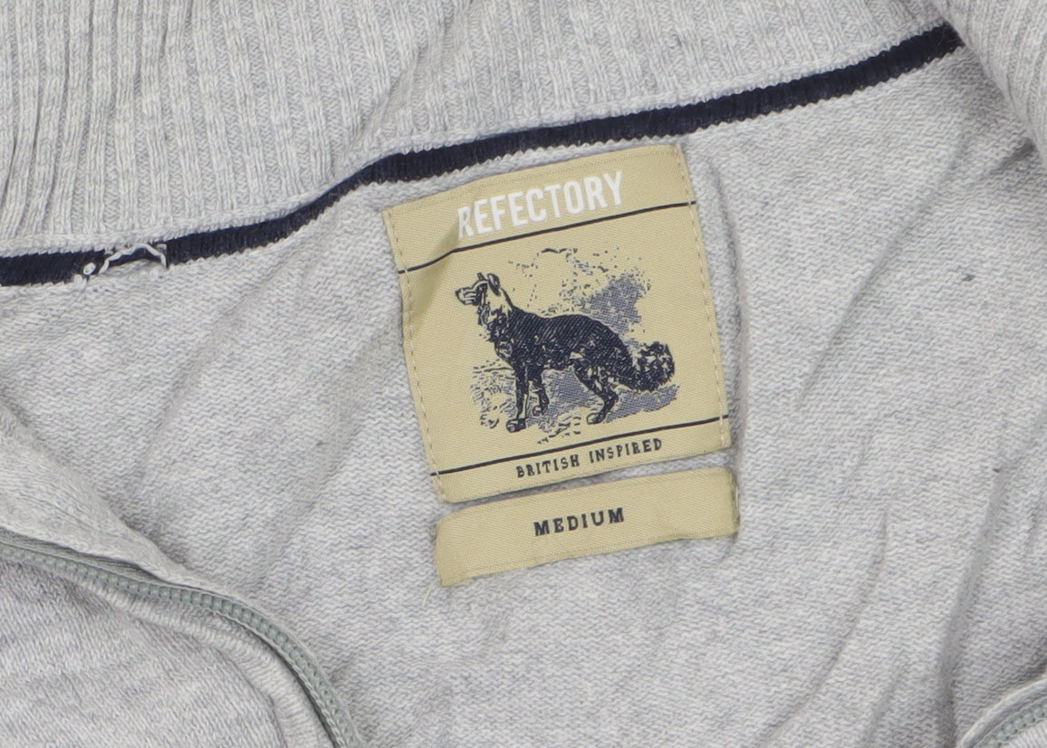 Refectory Men's Grey Medium Full Zip Cotton Knit High Neck Jumper Cardigan