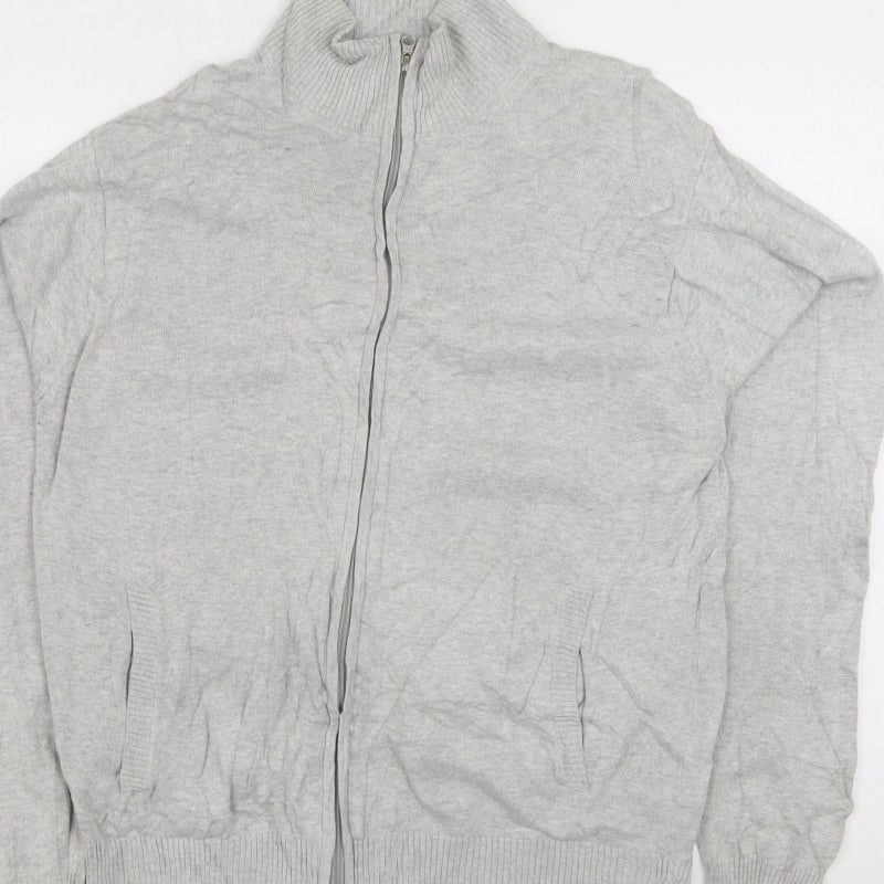Refectory Men's Grey Medium Full Zip Cotton Knit High Neck Jumper Cardigan