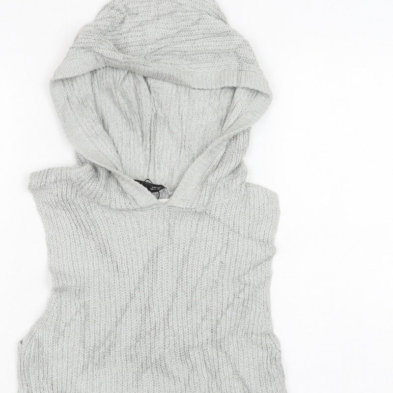 Zara Women Grey M Hooded Sleeveless Knit Pullover Jumper New