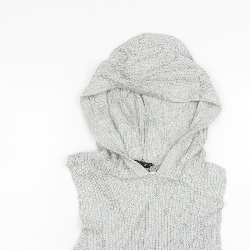 Zara Women Grey M Hooded Sleeveless Knit Pullover Jumper New