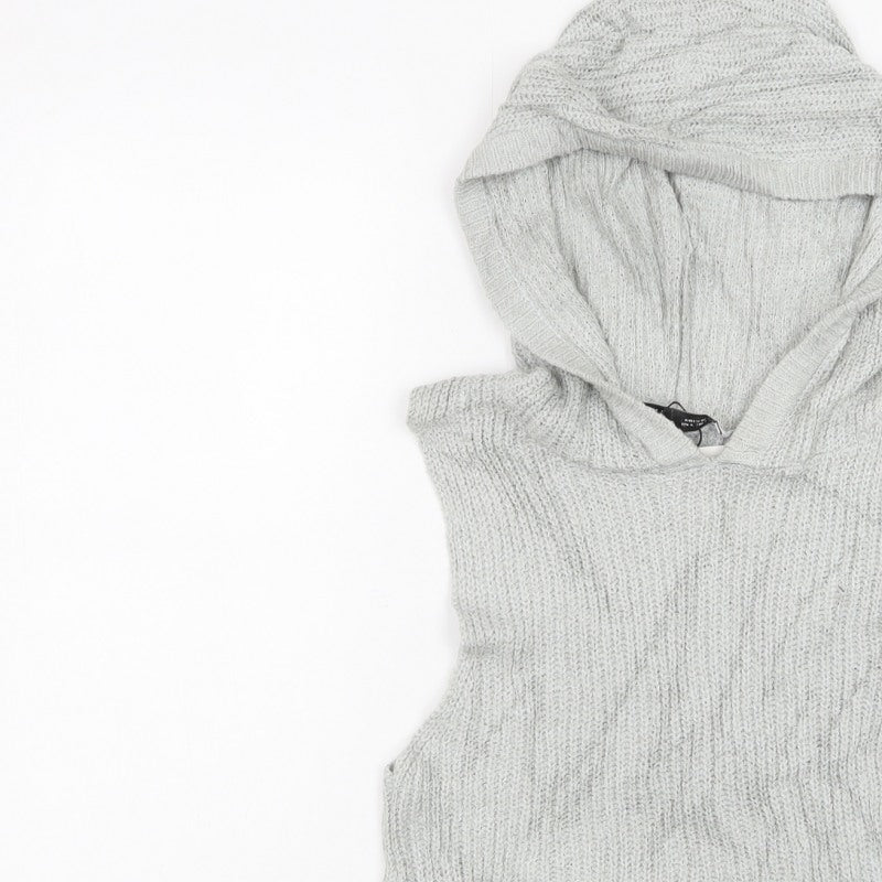 Zara Women Grey M Hooded Sleeveless Knit Pullover Jumper New