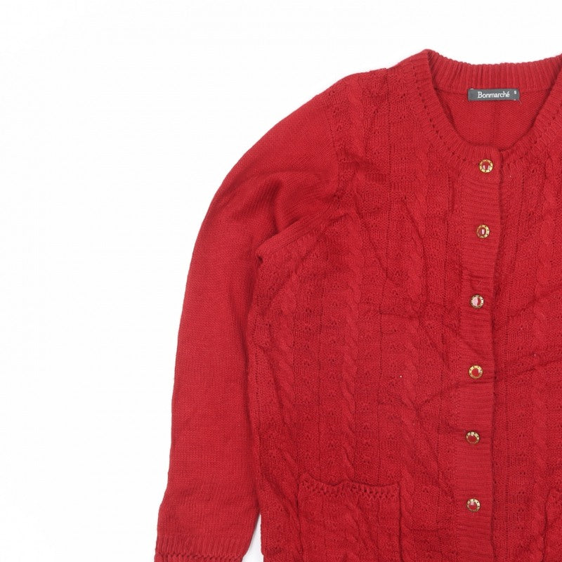 Bonmarché Women Red S Cable Knit Button Cardigan Pockets Long Sleeve