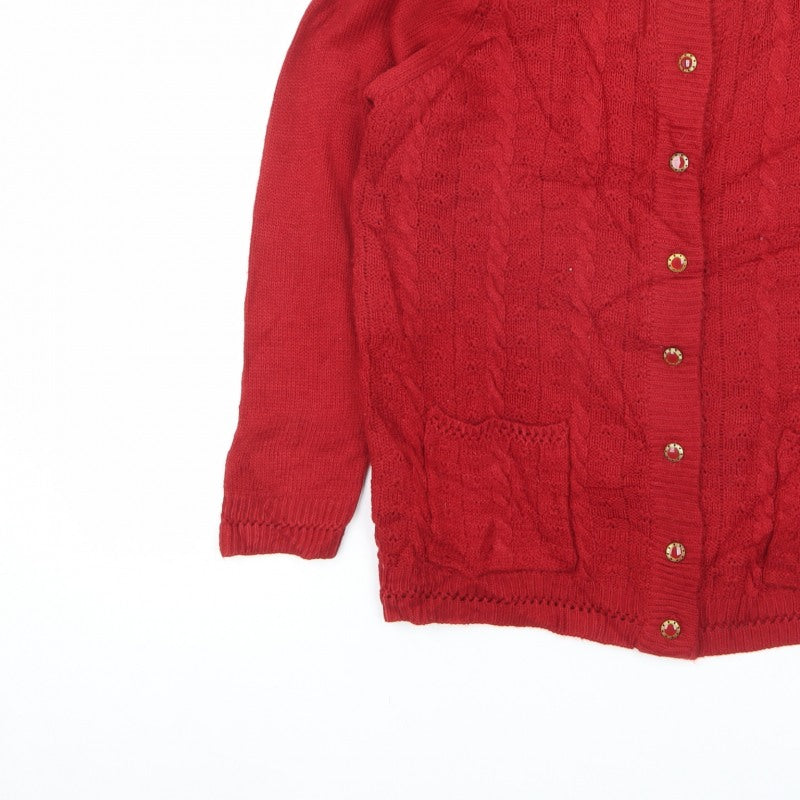 Bonmarché Women Red S Cable Knit Button Cardigan Pockets Long Sleeve