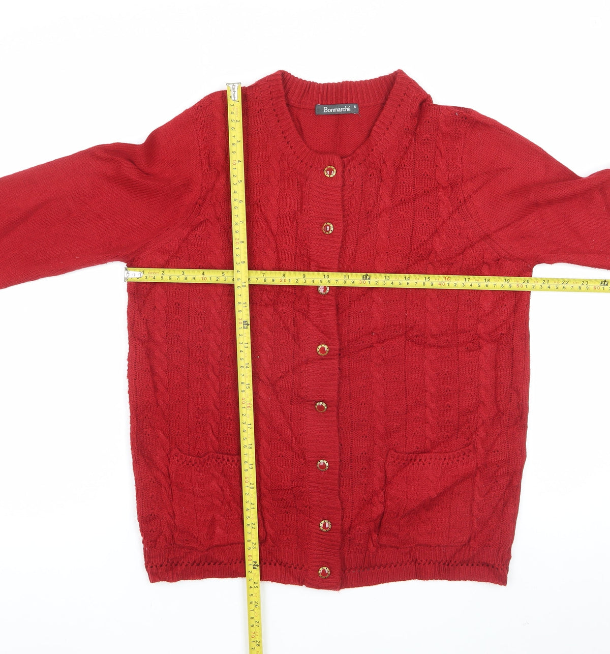 Bonmarché Women Red S Cable Knit Button Cardigan Pockets Long Sleeve