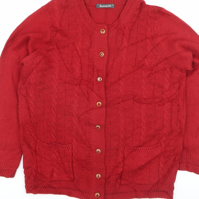 Bonmarché Women Red S Cable Knit Button Cardigan Pockets Long Sleeve