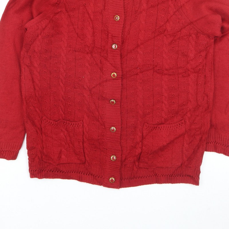 Bonmarché Women Red S Cable Knit Button Cardigan Pockets Long Sleeve