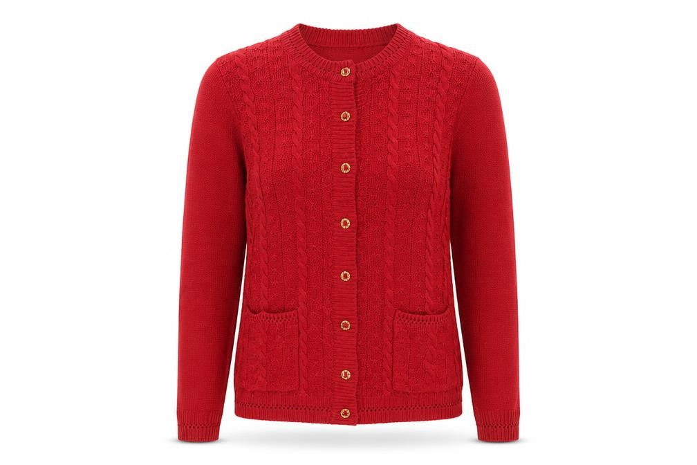 Bonmarché Women Red S Cable Knit Button Cardigan Pockets Long Sleeve