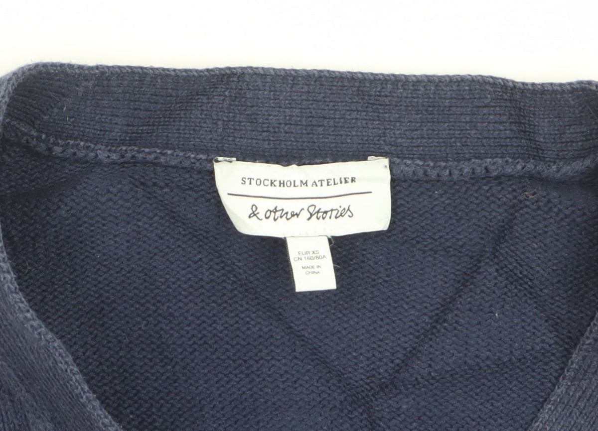 & Other Stories Women Blue XS Cotton V-Neck Button Cardigan
