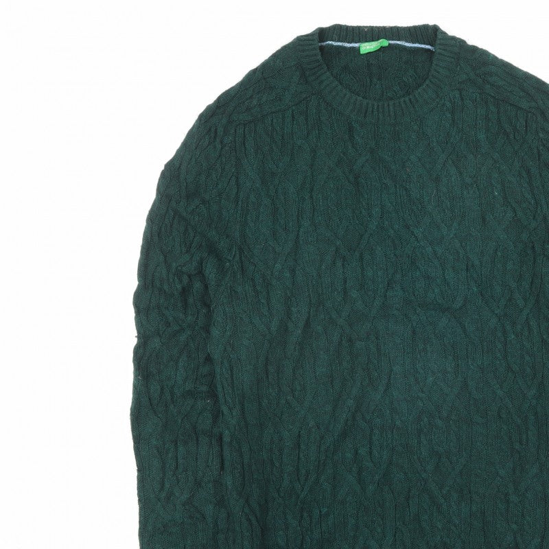 Benetton Women Green L Cable Knit Crew Neck Pullover Jumper