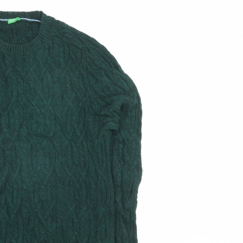 Benetton Women Green L Cable Knit Crew Neck Pullover Jumper