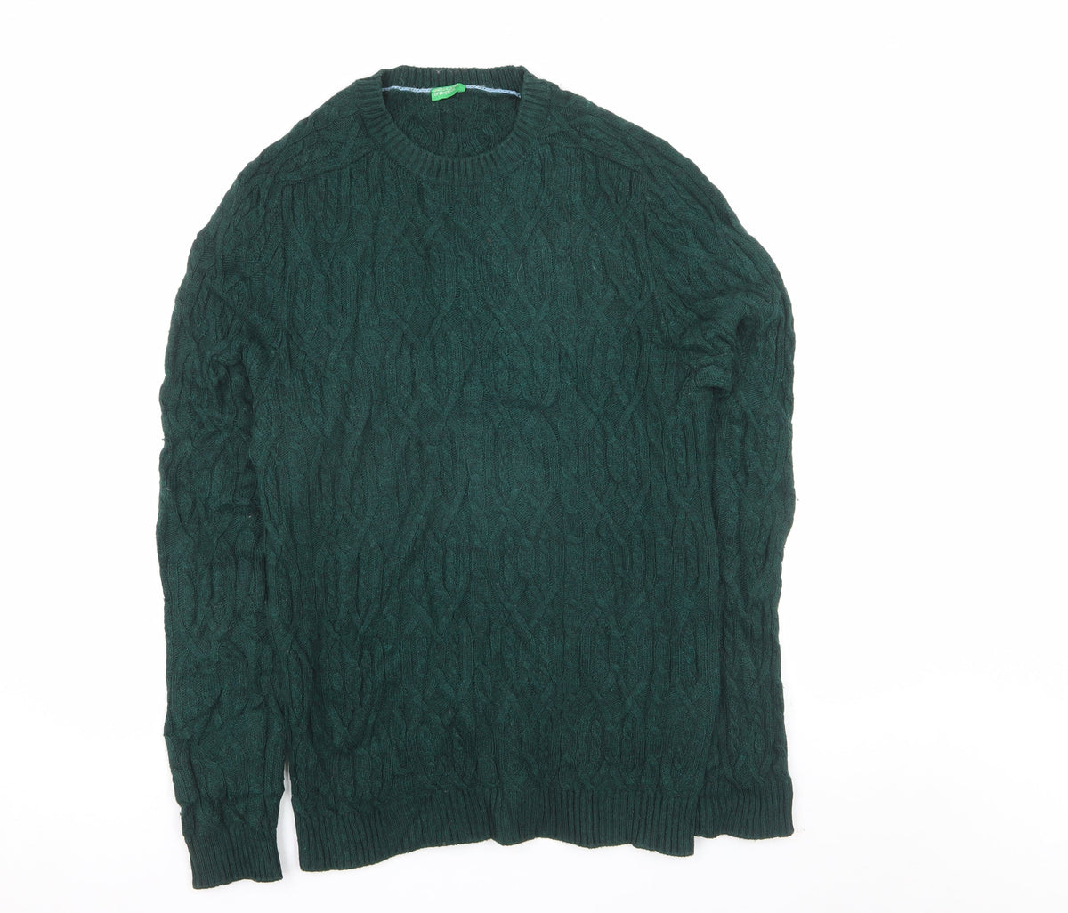 Benetton Women Green L Cable Knit Crew Neck Pullover Jumper