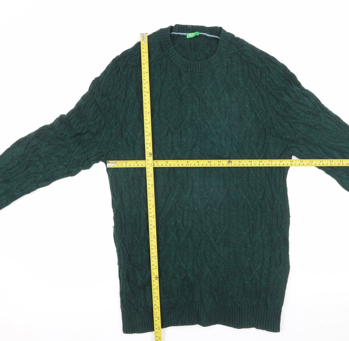 Benetton Women Green L Cable Knit Crew Neck Pullover Jumper