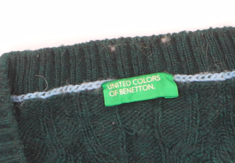 Benetton Women Green L Cable Knit Crew Neck Pullover Jumper