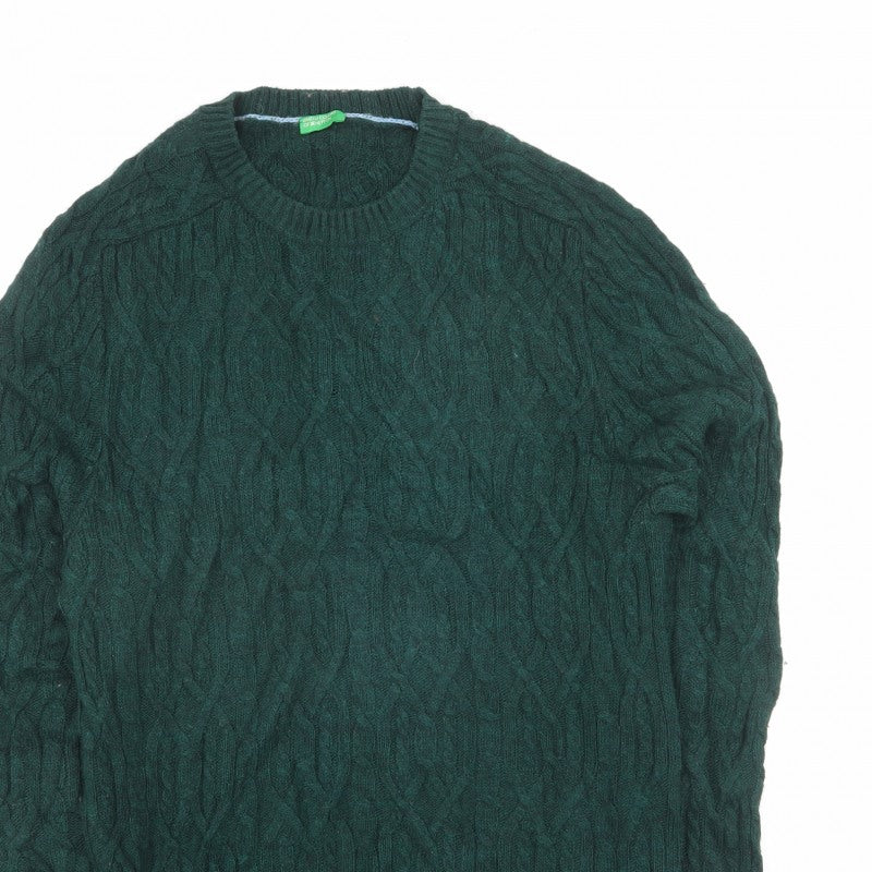 Benetton Women Green L Cable Knit Crew Neck Pullover Jumper