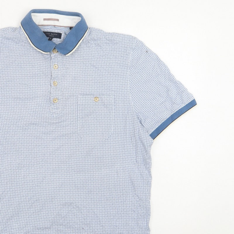 Ted Baker Men's Blue Geometric Cotton Polo Shirt Size L Short Sleeve