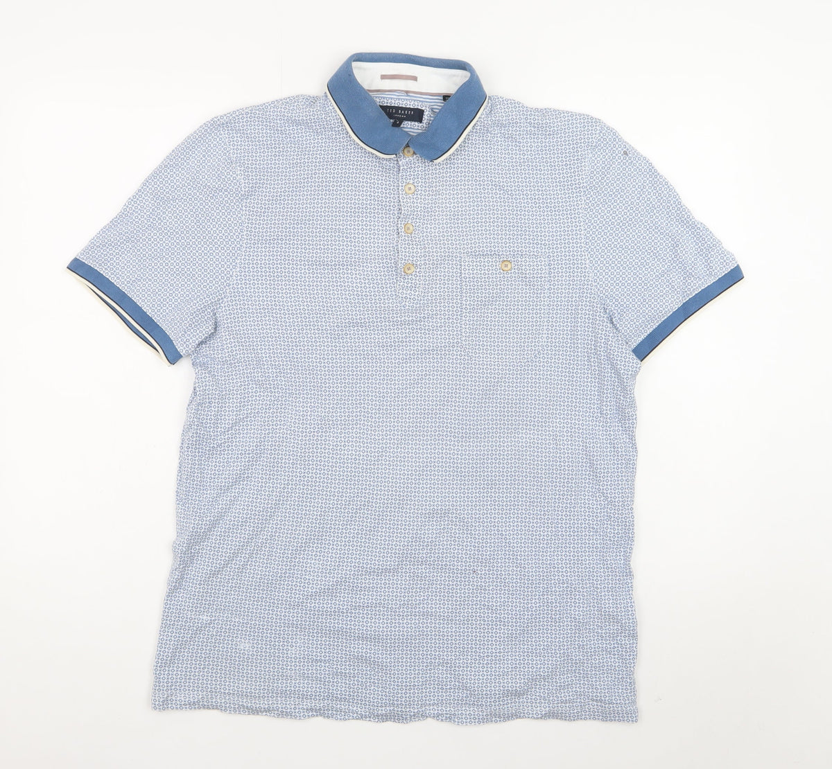 Ted Baker Men's Blue Geometric Cotton Polo Shirt Size L Short Sleeve