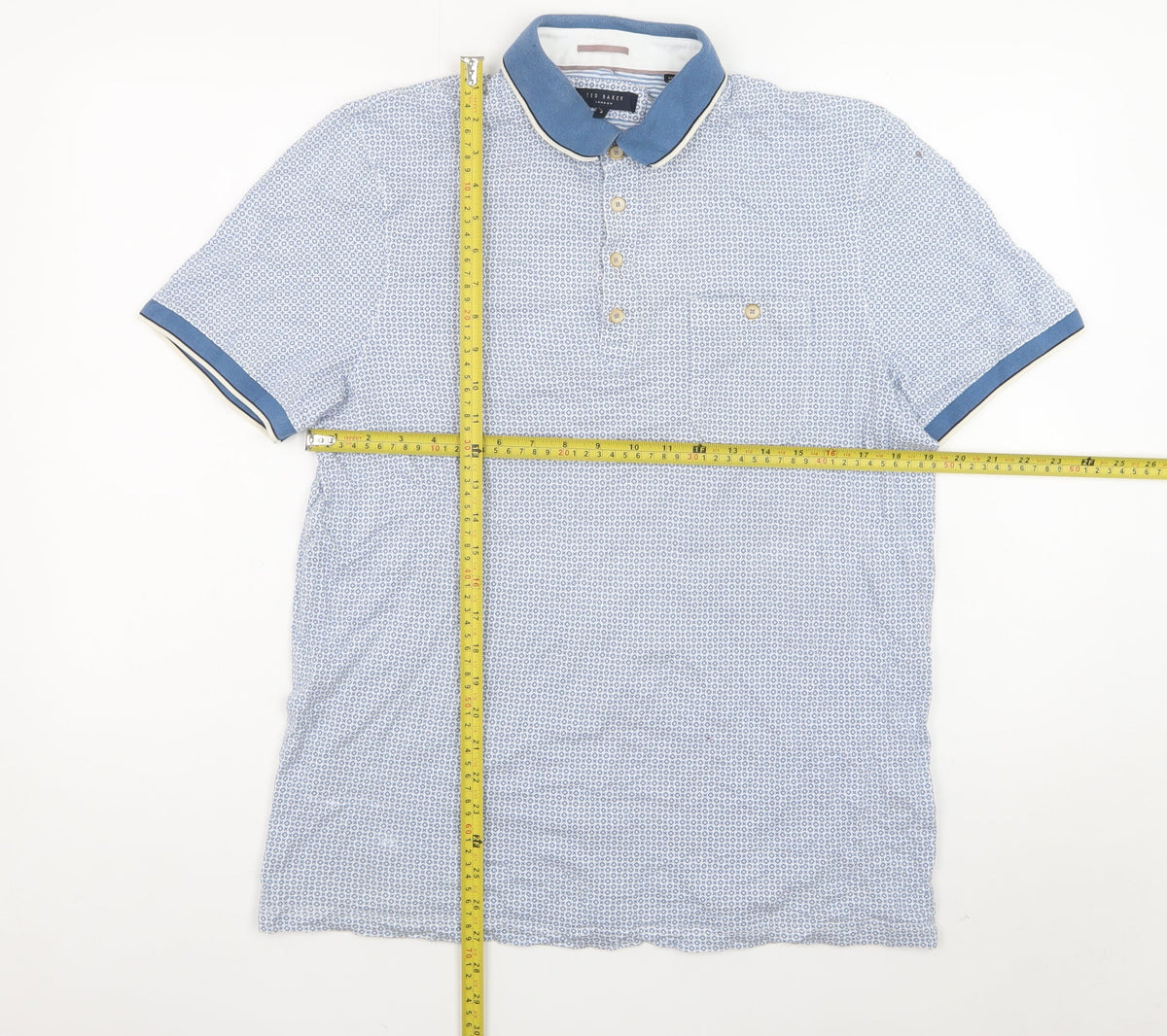 Ted Baker Men's Blue Geometric Cotton Polo Shirt Size L Short Sleeve