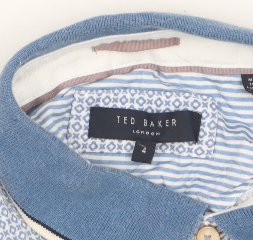 Ted Baker Men's Blue Geometric Cotton Polo Shirt Size L Short Sleeve