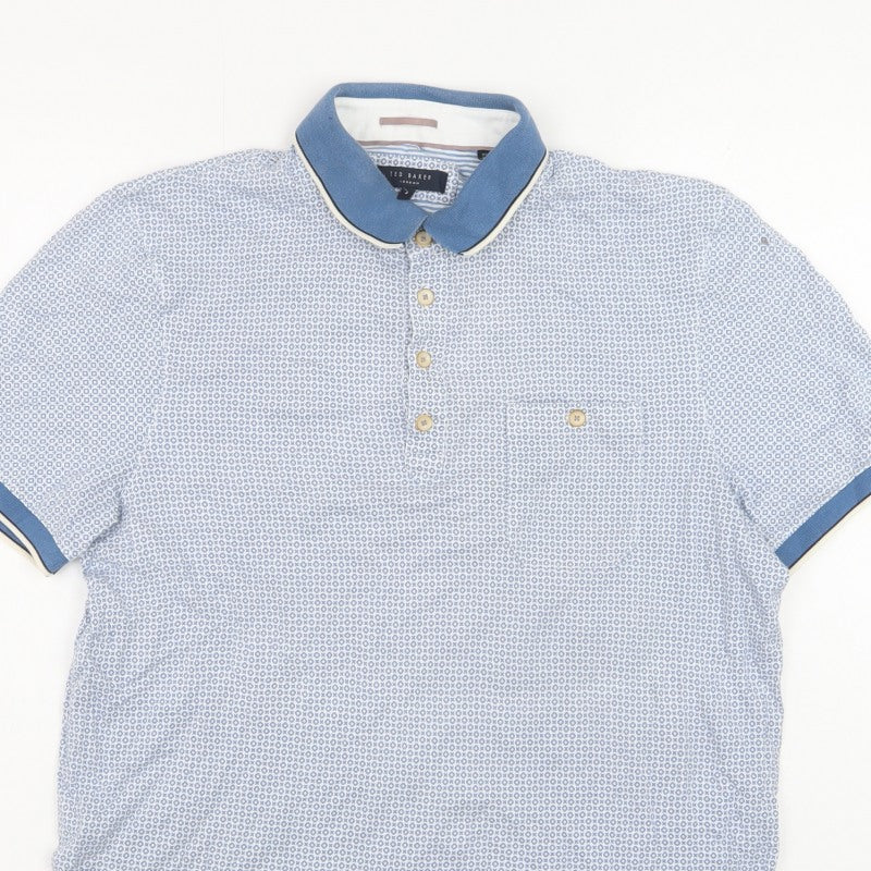 Ted Baker Men's Blue Geometric Cotton Polo Shirt Size L Short Sleeve