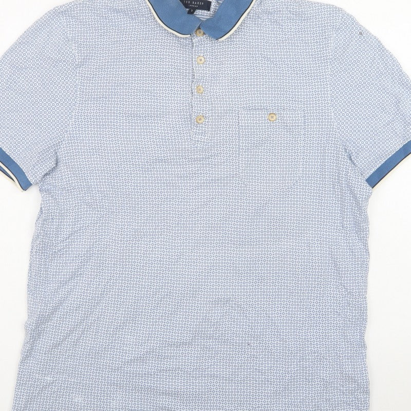Ted Baker Men's Blue Geometric Cotton Polo Shirt Size L Short Sleeve