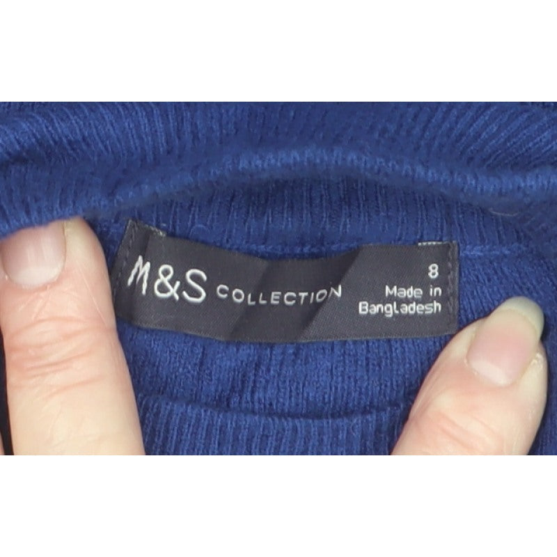 M&S Collection Women Blue Size 8 Roll Neck Ribbed Knit Jumper