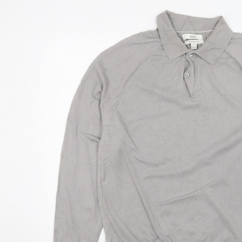 Marks and Spencer Men Grey M Collared Button Pullover Cotton Rich Jumper
