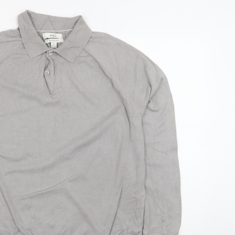 Marks and Spencer Men Grey M Collared Button Pullover Cotton Rich Jumper