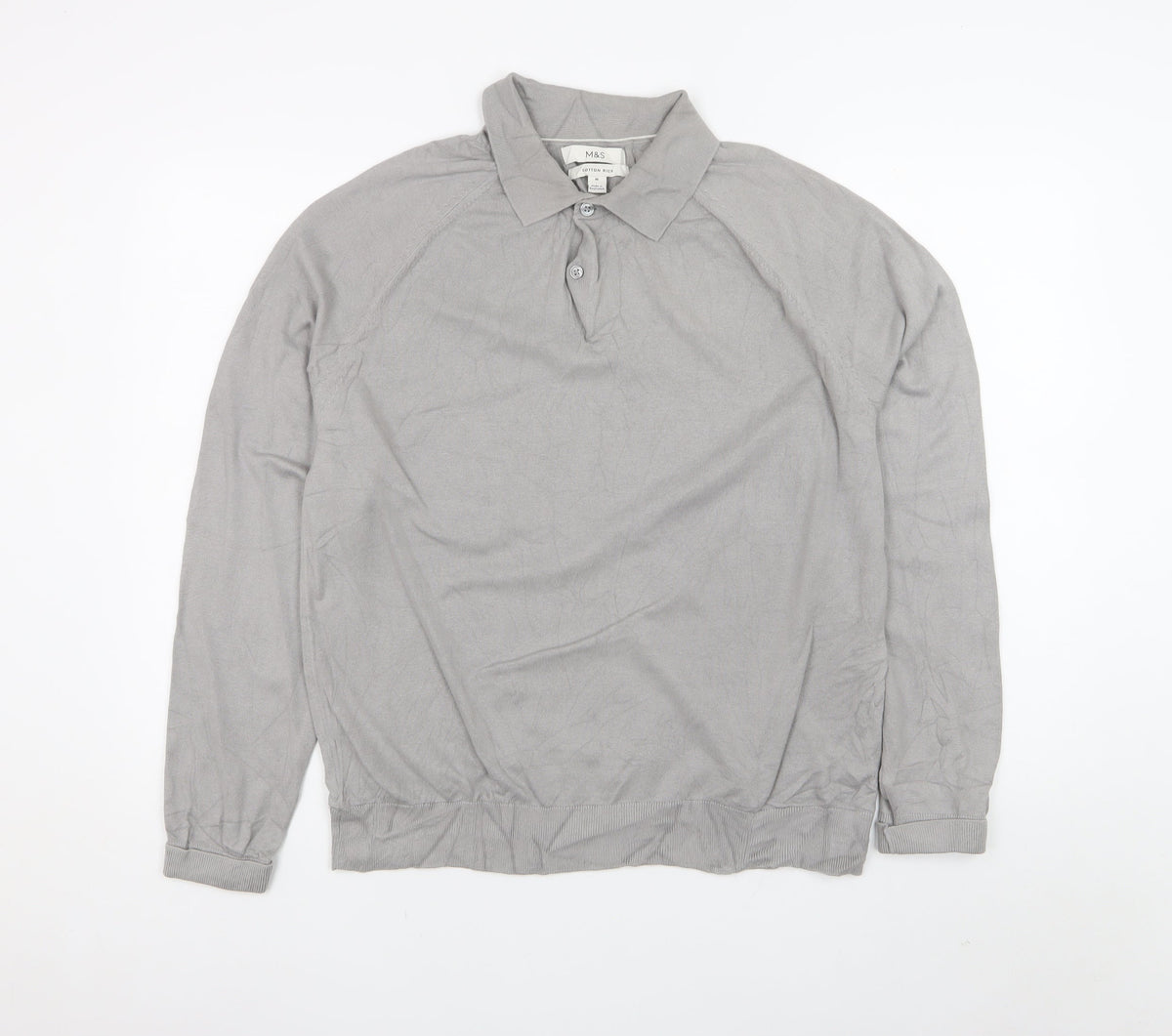 Marks and Spencer Men Grey M Collared Button Pullover Cotton Rich Jumper