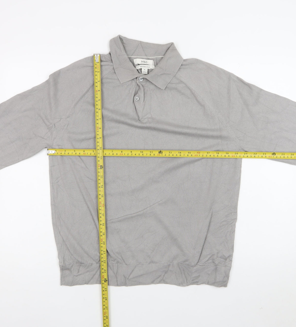Marks and Spencer Men Grey M Collared Button Pullover Cotton Rich Jumper