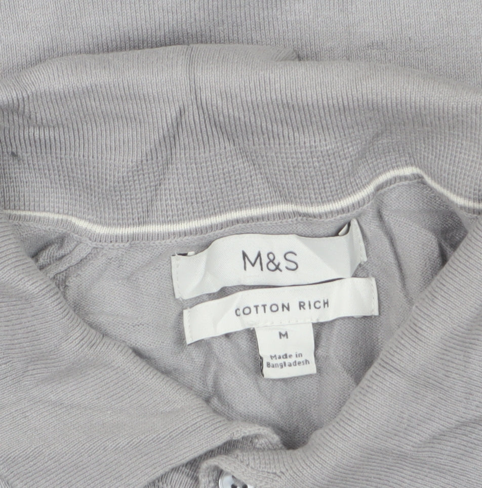 Marks and Spencer Men Grey M Collared Button Pullover Cotton Rich Jumper