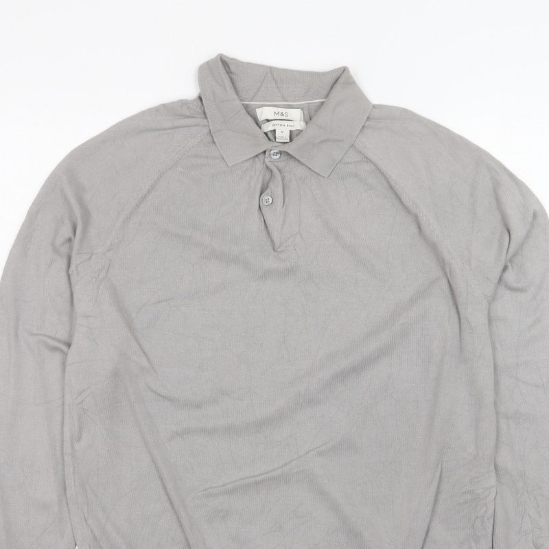 Marks and Spencer Men Grey M Collared Button Pullover Cotton Rich Jumper