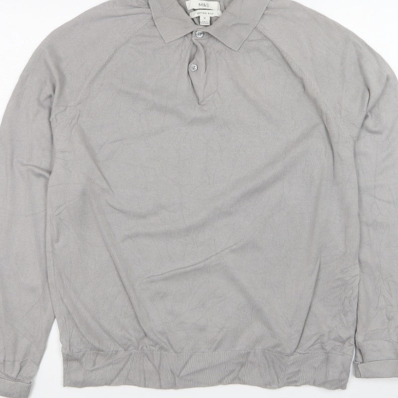 Marks and Spencer Men Grey M Collared Button Pullover Cotton Rich Jumper