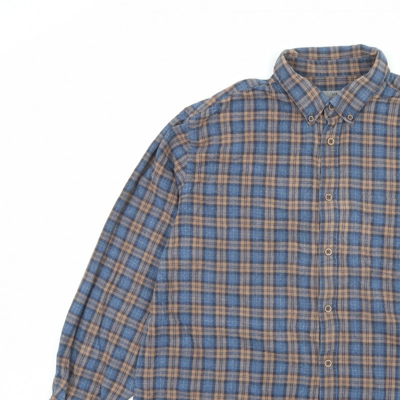 M&S Men Blue Brown Plaid Brushed Cotton Button Down Shirt 2XL Regular