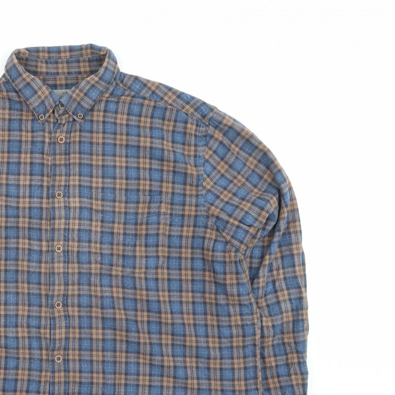M&S Men Blue Brown Plaid Brushed Cotton Button Down Shirt 2XL Regular