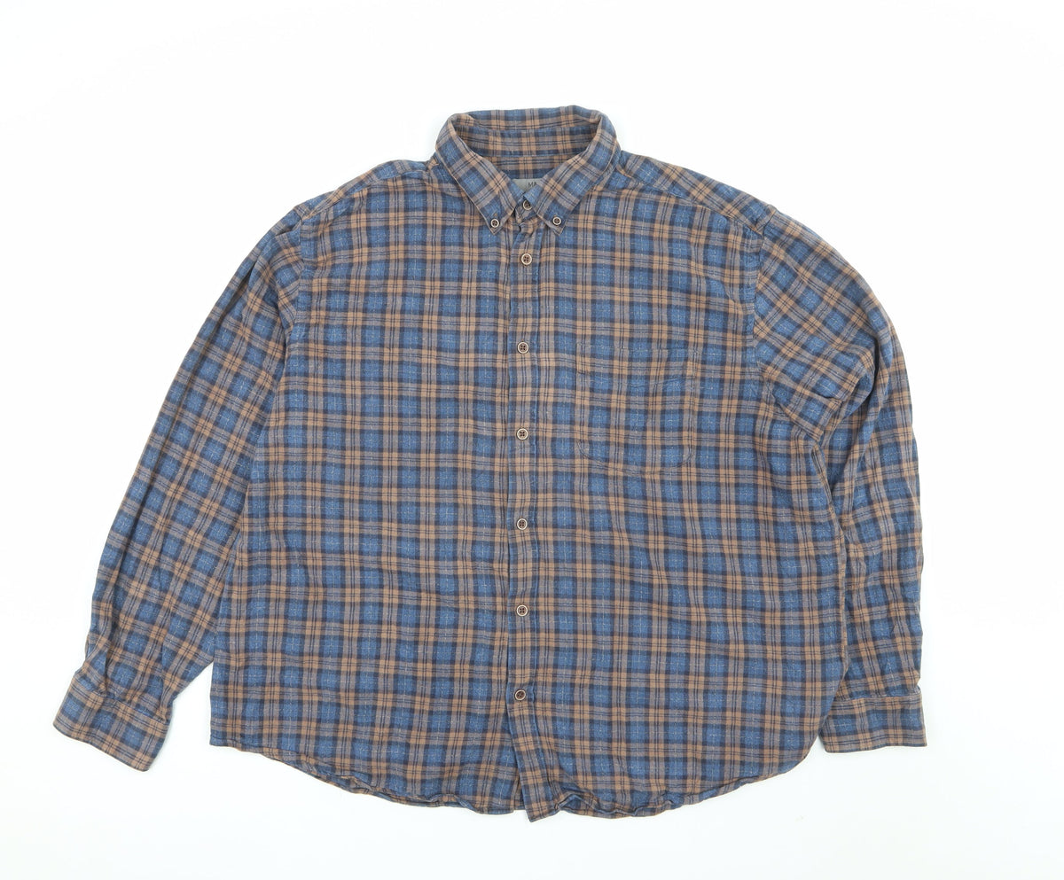 M&S Men Blue Brown Plaid Brushed Cotton Button Down Shirt 2XL Regular