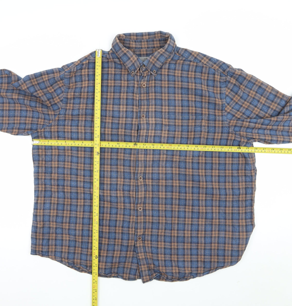 M&S Men Blue Brown Plaid Brushed Cotton Button Down Shirt 2XL Regular