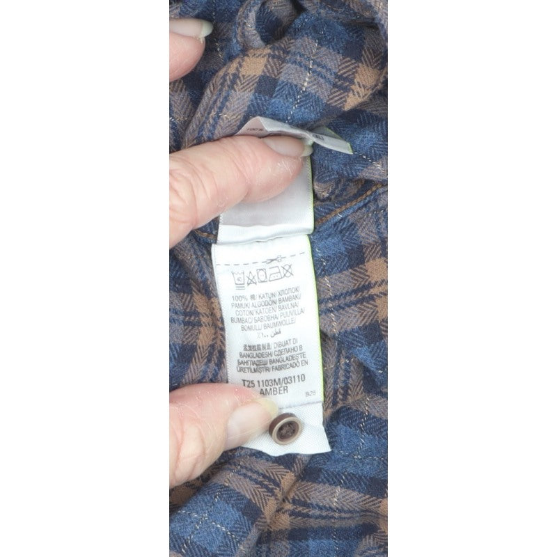 M&S Men Blue Brown Plaid Brushed Cotton Button Down Shirt 2XL Regular