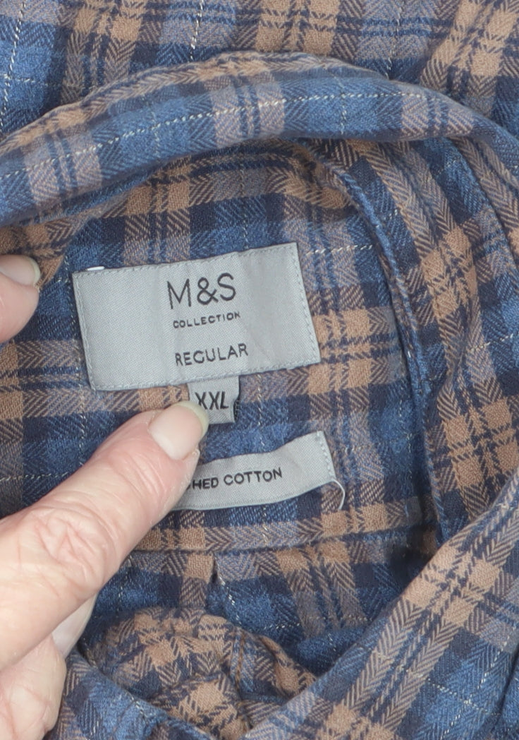 M&S Men Blue Brown Plaid Brushed Cotton Button Down Shirt 2XL Regular