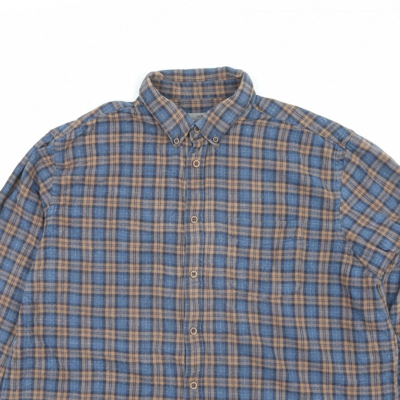 M&S Men Blue Brown Plaid Brushed Cotton Button Down Shirt 2XL Regular