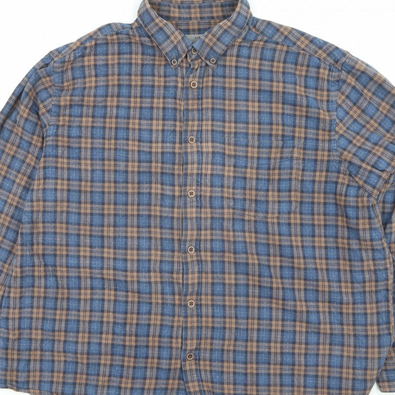M&S Men Blue Brown Plaid Brushed Cotton Button Down Shirt 2XL Regular