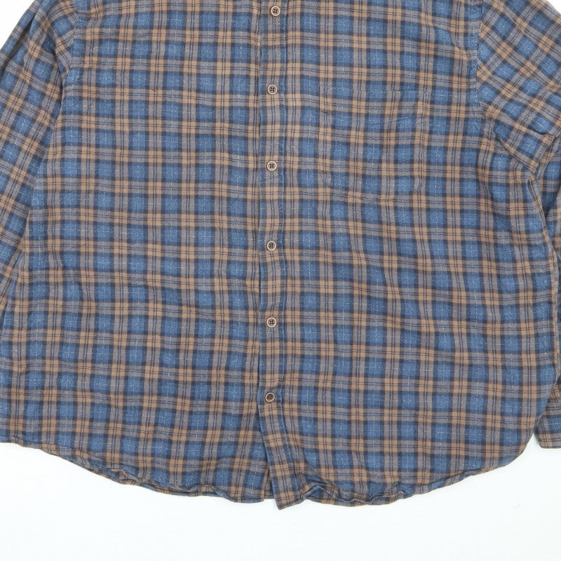 M&S Men Blue Brown Plaid Brushed Cotton Button Down Shirt 2XL Regular