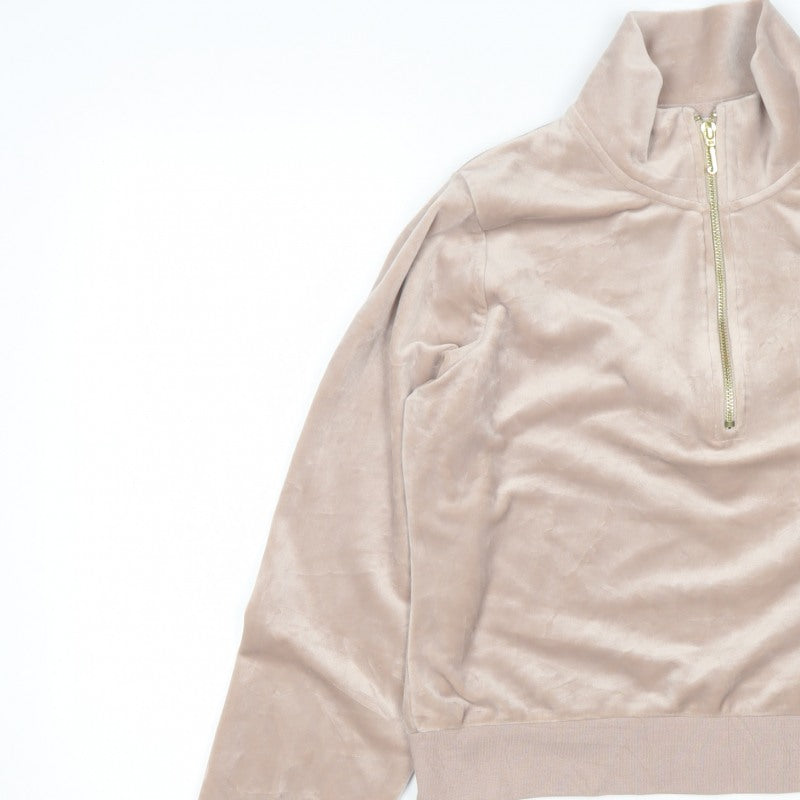 Juicy Couture Women Beige XL Velour 1/4 Zip Logo Sweatshirt